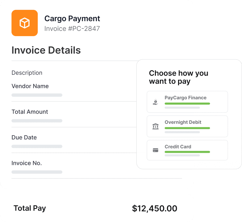 UI design of an invoice payment screen, featuring fields for payment details and a submit button.